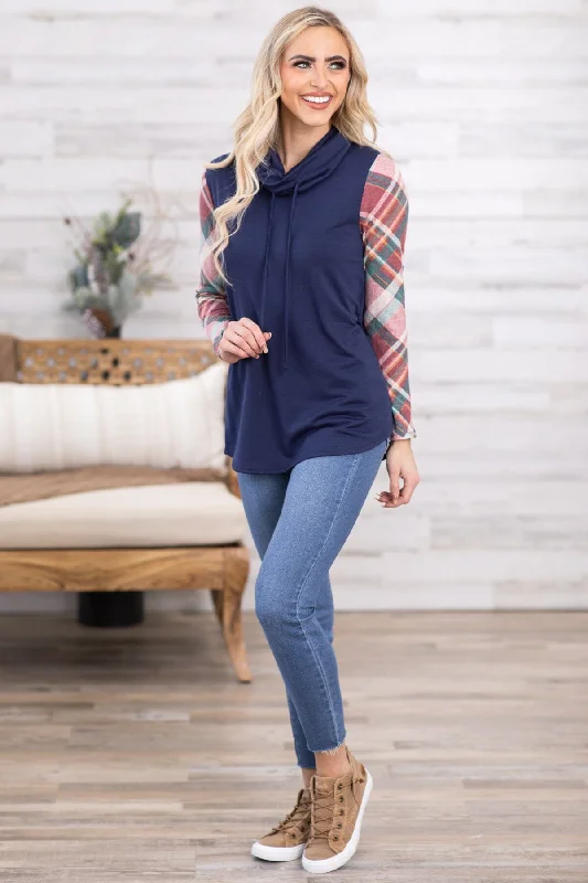 Navy Multicolor Plaid Sleeve Cowl Neck Top