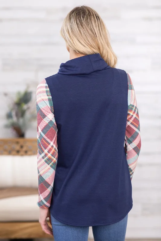 Navy Multicolor Plaid Sleeve Cowl Neck Top