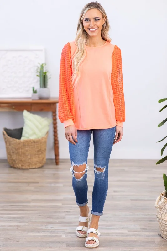 Neon Coral Textured Ballon Sleeve Top