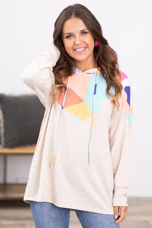 Oatmeal Multicolor Geo Print Hooded Top