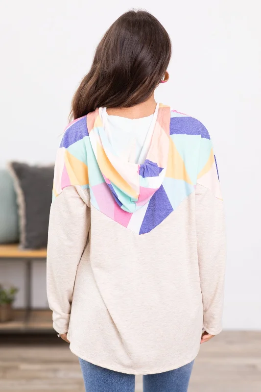 Oatmeal Multicolor Geo Print Hooded Top