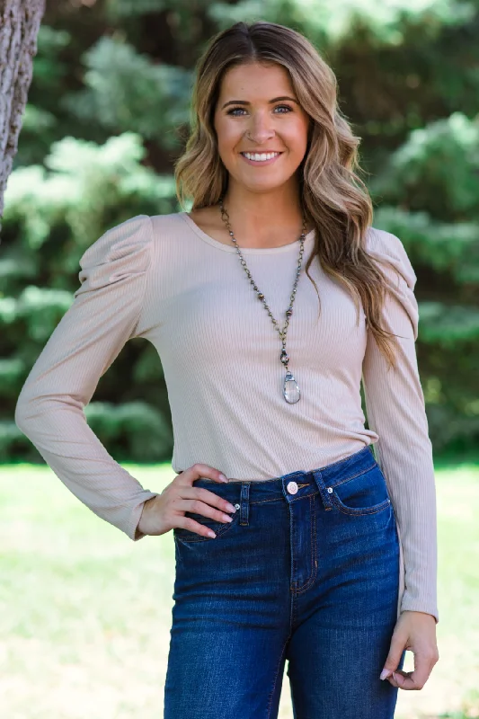 Beige Puff Sleeve Rib Knit Top