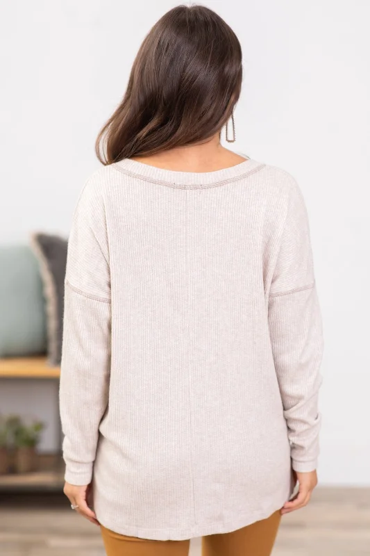 Oatmeal V-Neck Contrast Stitch Top