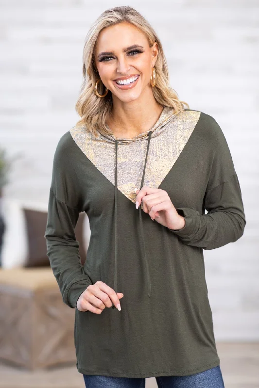 Olive and Gold Metallic Colorblock Hooded Top