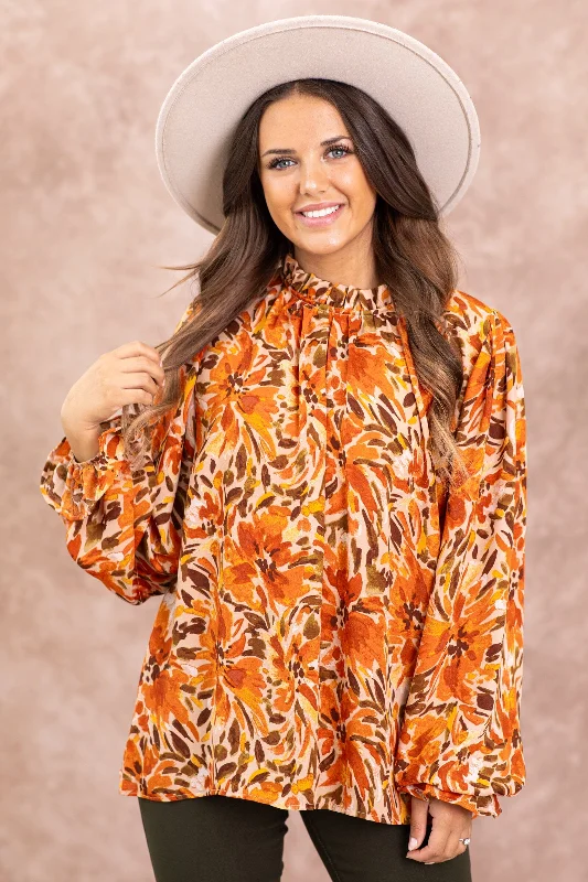 Orange and Tan Floral Print Smocked Cuff Top