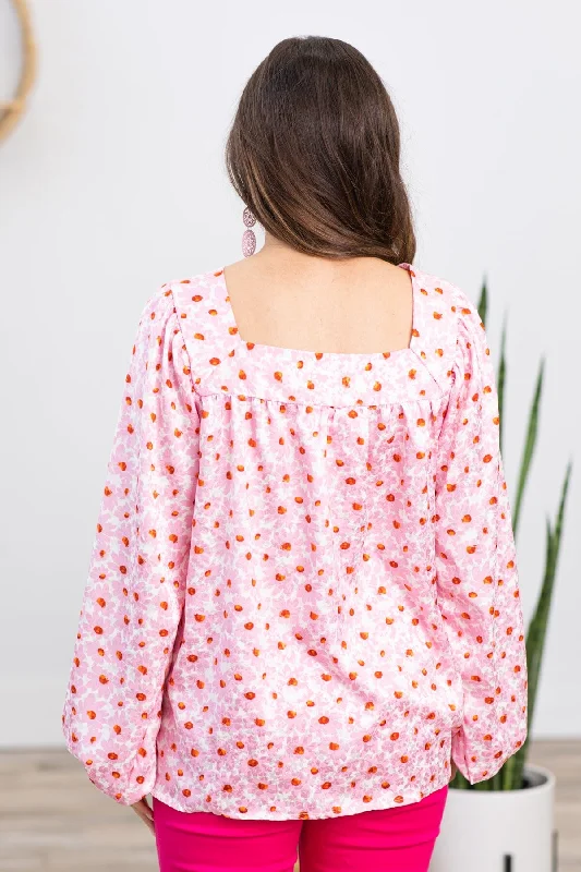 Pink Floral Print Square Neck Top