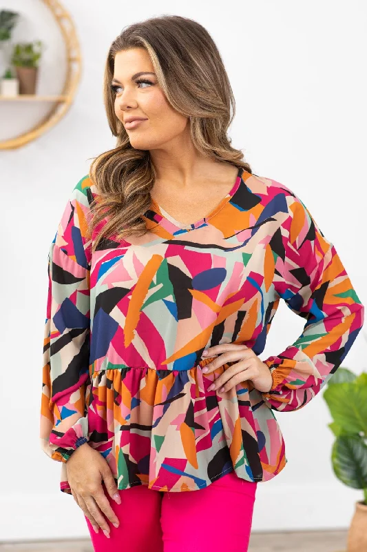 Pink Multicolor Abstract Print V-Neck Top