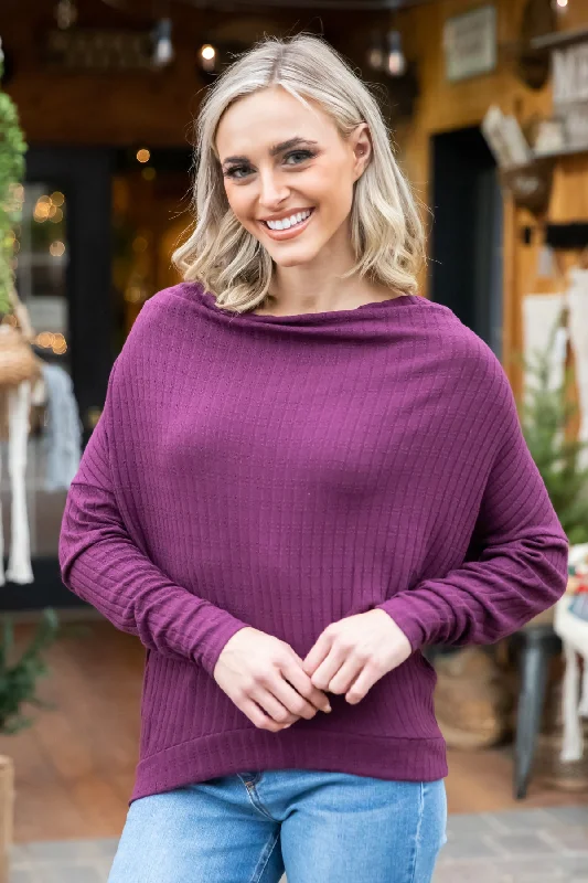 Purple Cowl Neck Waffle Knit Top