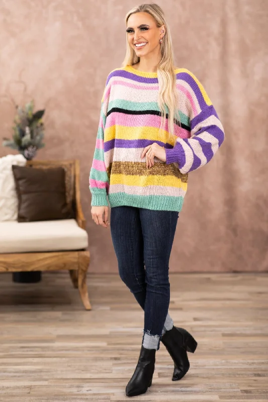 Purple Multicolor Stripe Boat Neck Sweater