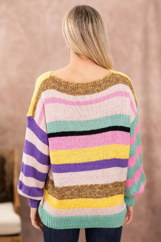 Purple Multicolor Stripe Boat Neck Sweater