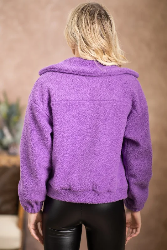 Purple Sherpa Jacket With Plaid Trim