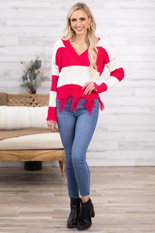 Raspberry and Ivory Fringe Hem Stripe Sweater