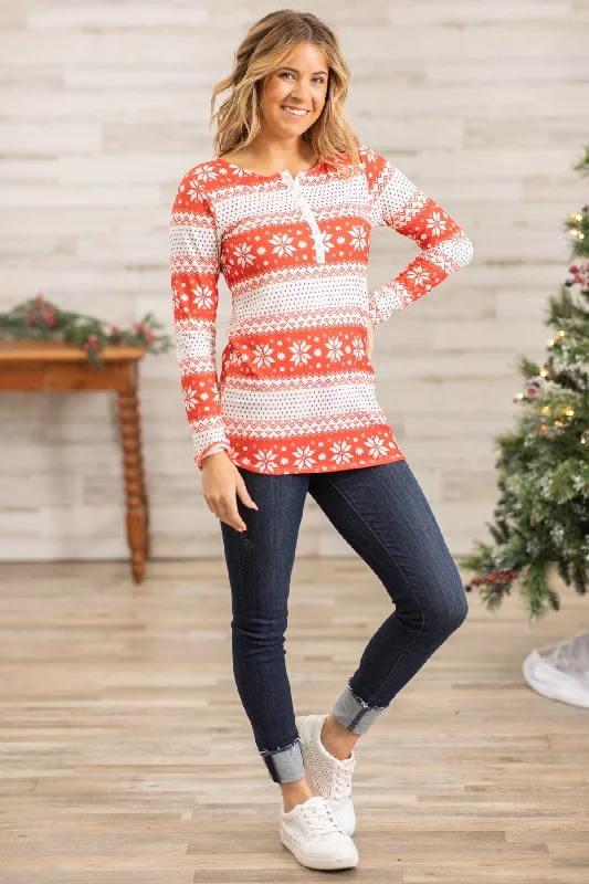 Red and Ivory Fair Isle Henley Top