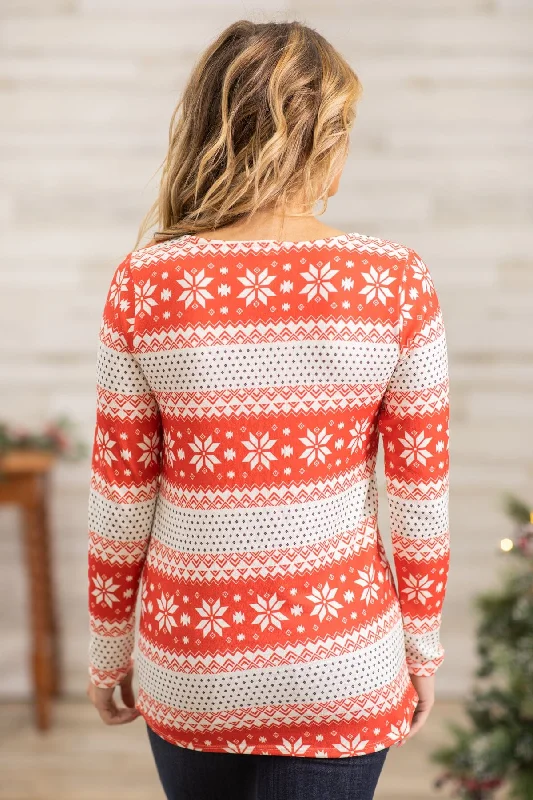 Red and Ivory Fair Isle Henley Top