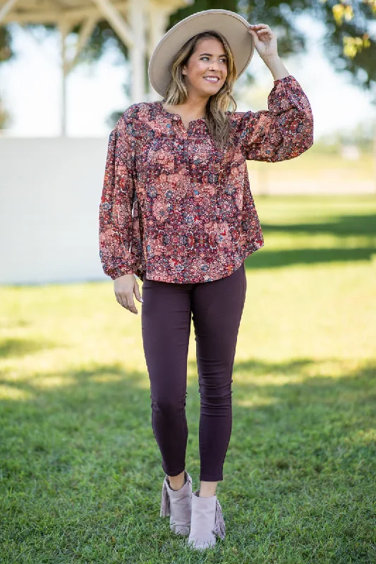 Red and Rust Multicolor Paisley Print Top