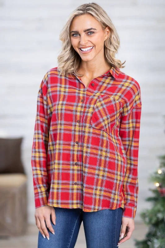 Red and Yellow Plaid Button Up Top