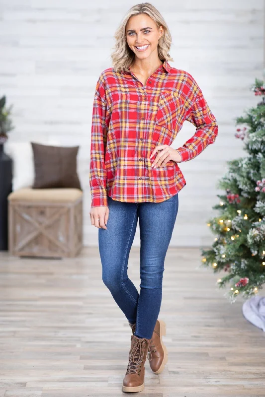 Red and Yellow Plaid Button Up Top