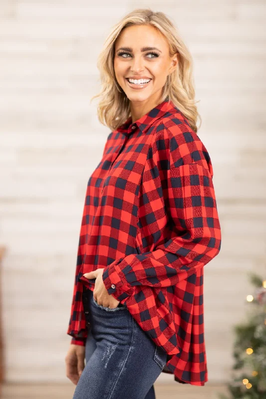 Red Buffalo Plaid Hi Lo Button Up Top