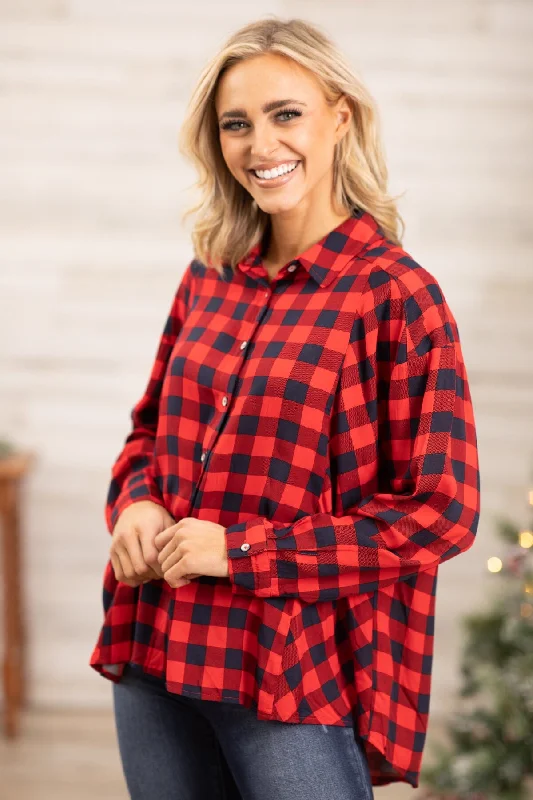 Red Buffalo Plaid Hi Lo Button Up Top