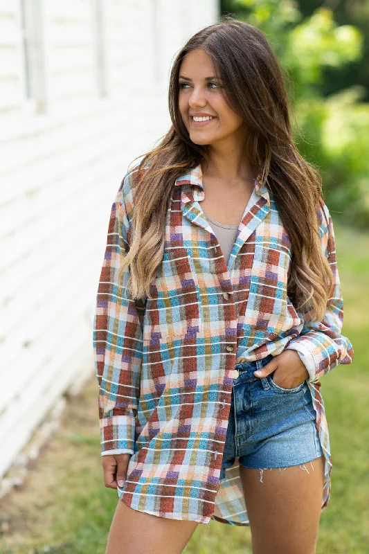 Rust and Eggplant Plaid Button Up Top