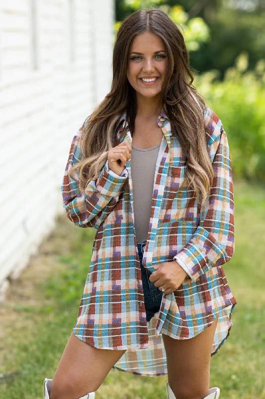 Rust and Eggplant Plaid Button Up Top