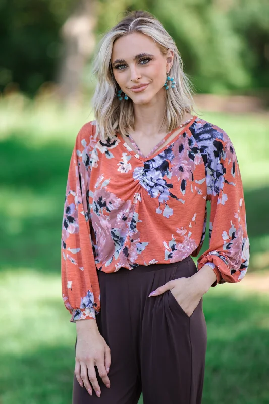 Rust Multicolor Floral Shirred Bodice Top