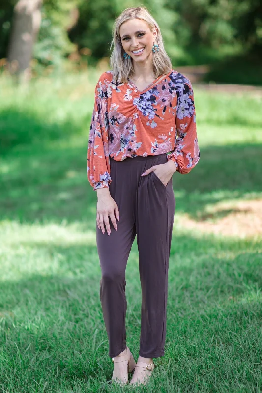 Rust Multicolor Floral Shirred Bodice Top