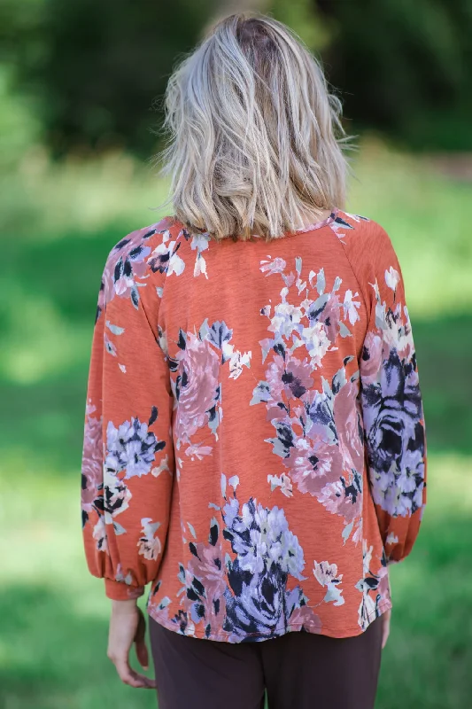 Rust Multicolor Floral Shirred Bodice Top