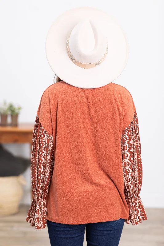 Rust Top With Aztec Print Balloon Sleeves