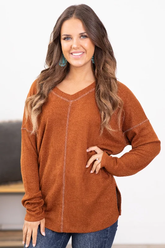 Rust V-Neck Contrast Stitch Top