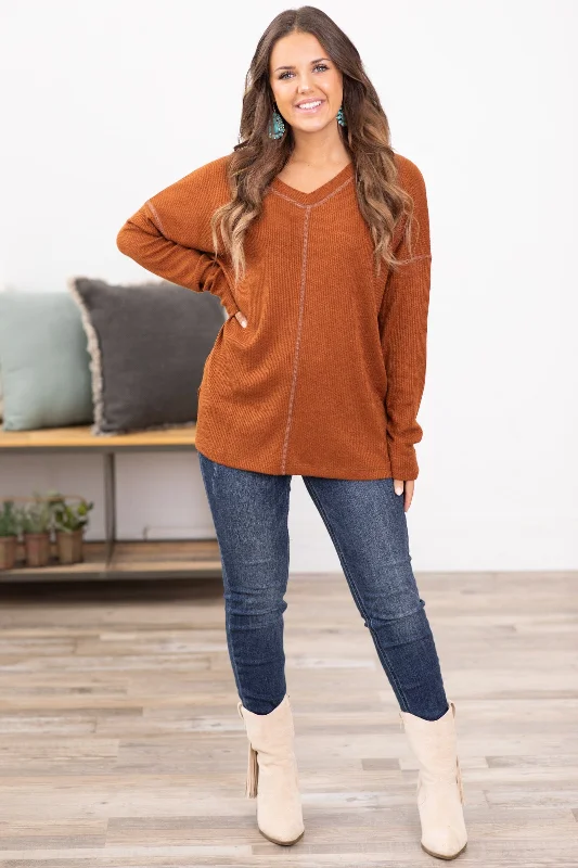 Rust V-Neck Contrast Stitch Top