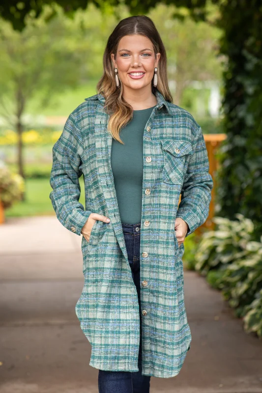 Sage and Dusty Blue Long Plaid Shacket