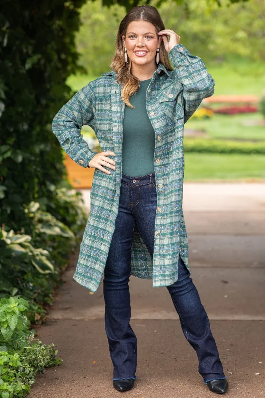 Sage and Dusty Blue Long Plaid Shacket