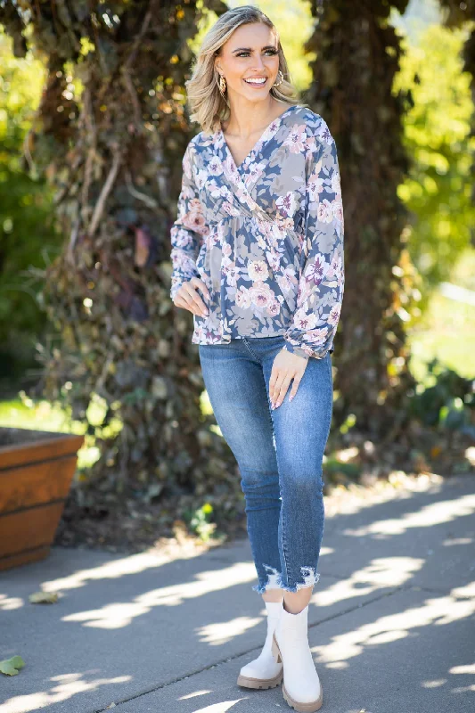 Slate Blue and Dusty Rose Floral Babydoll Top