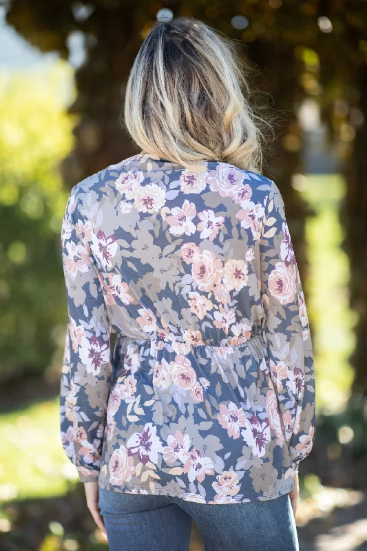 Slate Blue and Dusty Rose Floral Babydoll Top