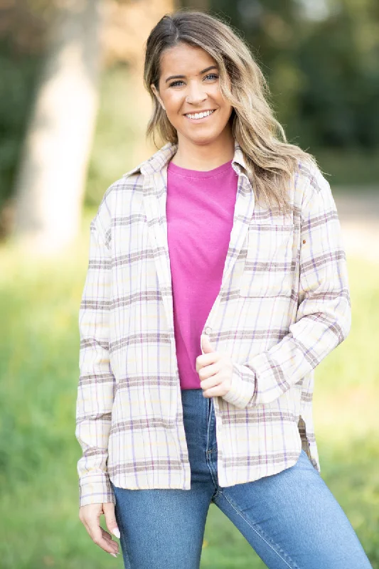 Tan and Taupe Plaid Button Up Top