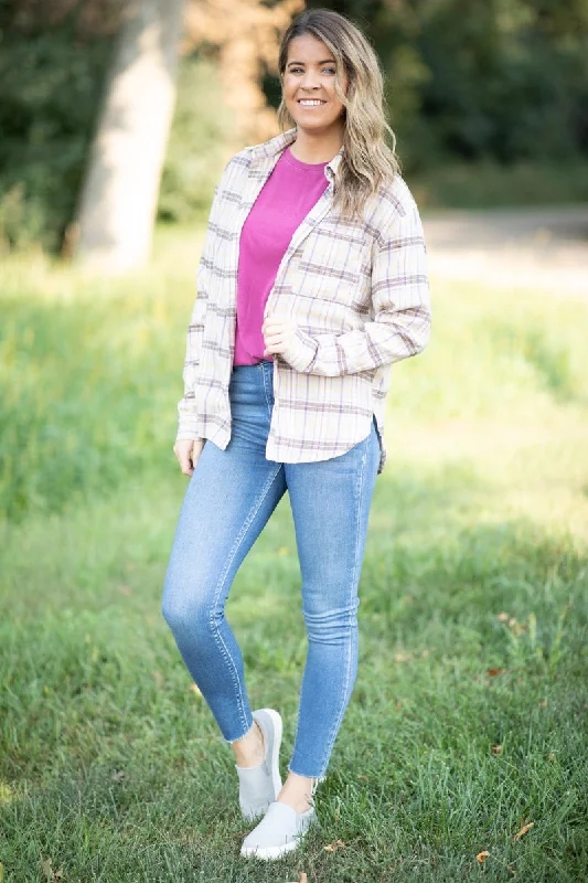 Tan and Taupe Plaid Button Up Top