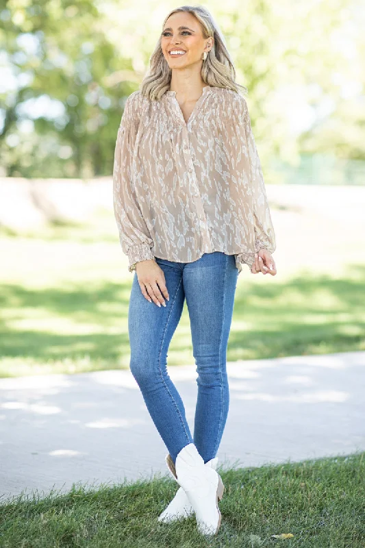 Tan and White Tonal Animal Print Top