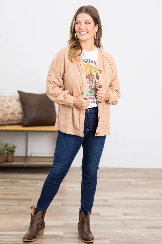 Tan Drop Shoulder Cardigan With Buttons