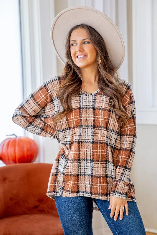 Tan Plaid V-Neck Top