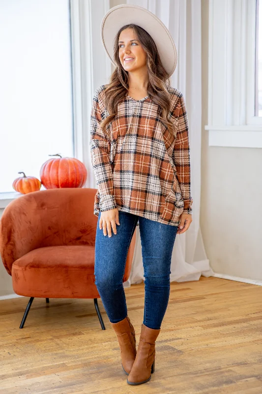 Tan Plaid V-Neck Top