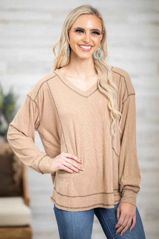 Taupe Contrast Seam V-Neck Top