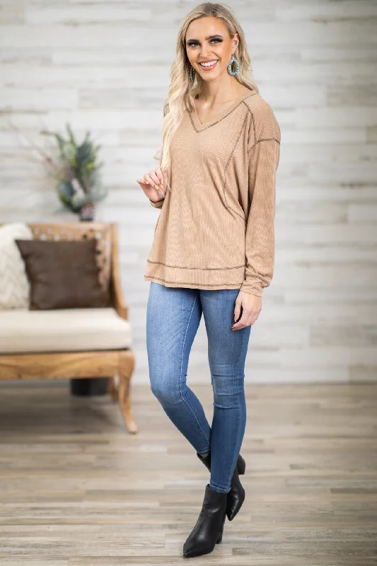 Taupe Contrast Seam V-Neck Top