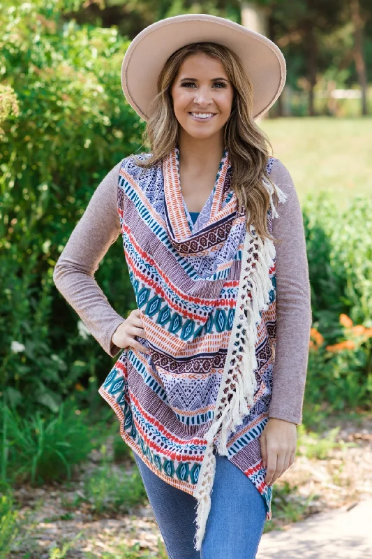 Taupe Multicolor Fringe Trim Aztec Cardigan