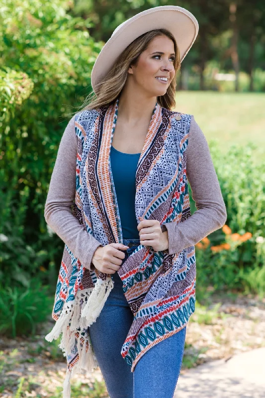 Taupe Multicolor Fringe Trim Aztec Cardigan