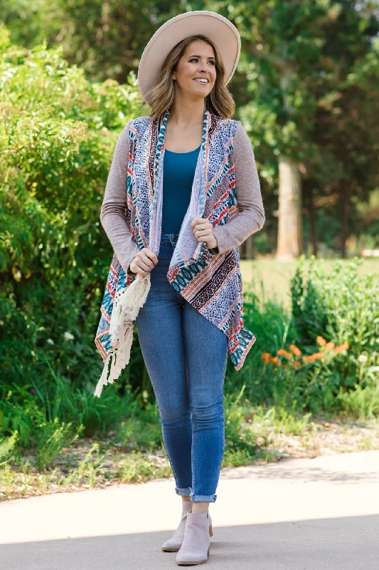 Taupe Multicolor Fringe Trim Aztec Cardigan