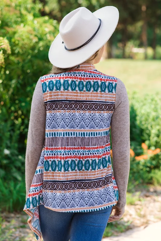 Taupe Multicolor Fringe Trim Aztec Cardigan