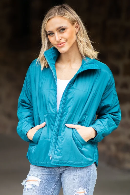 Teal Quilted Funnel Neck Jacket