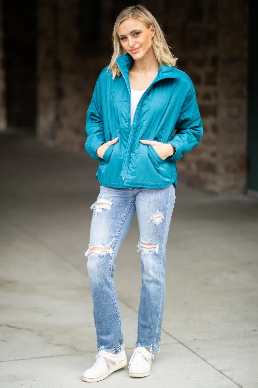 Teal Quilted Funnel Neck Jacket