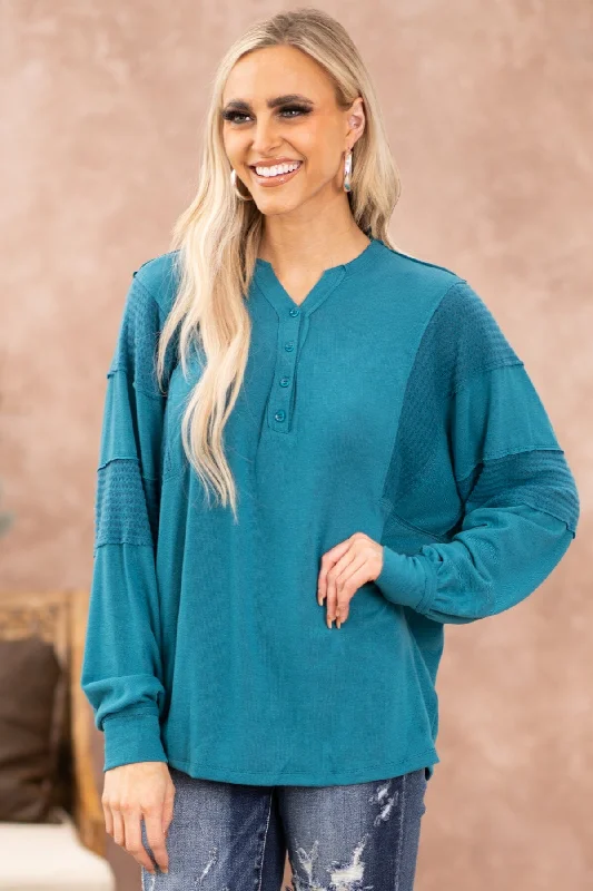 Teal Reverse Seam Detail V-Neck Top